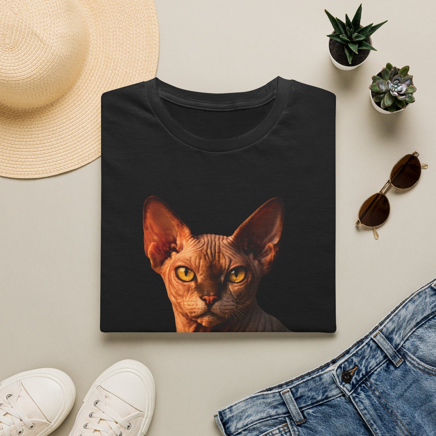 Sphynx — Bold And Beautiful — photoreal cat breed portraits paired with tiny gecko compani. Gold Gecko Co. Cats & Geckos collection.