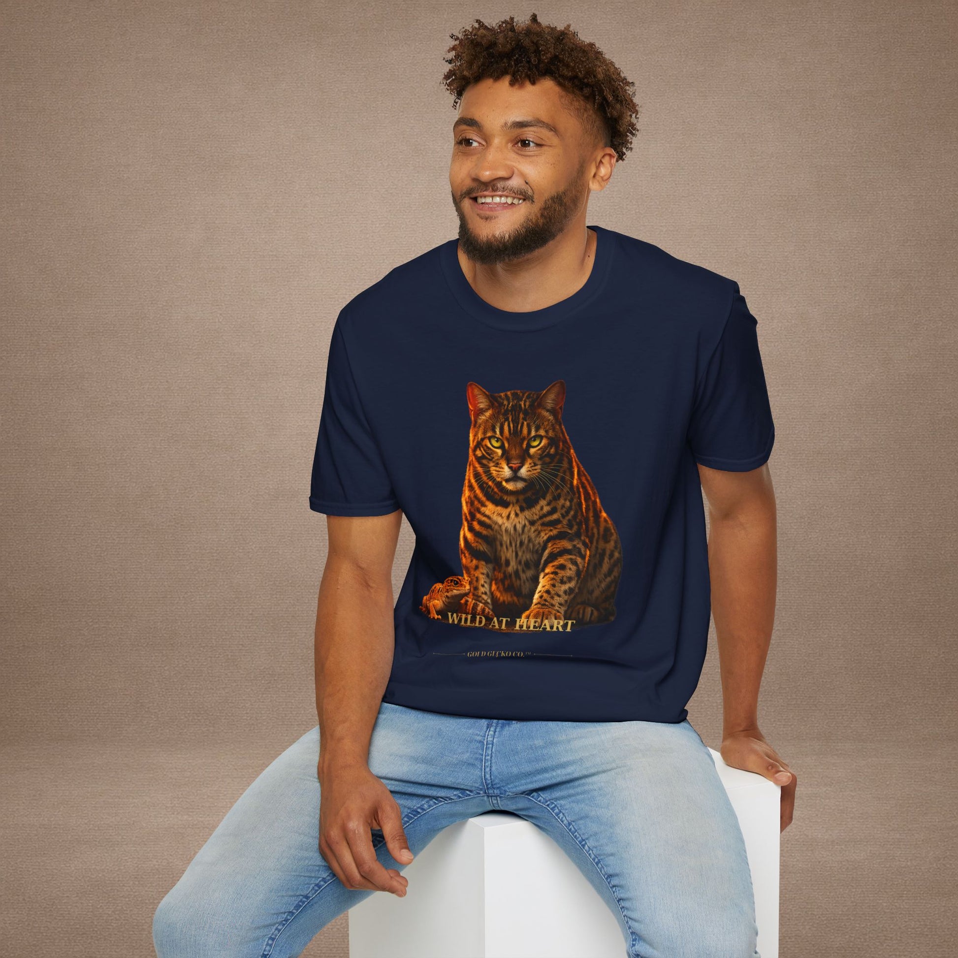 Bengal — Wild At Heart — photoreal cat breed portraits paired with tiny gecko compani. Gold Gecko Co. Cats & Geckos collection.