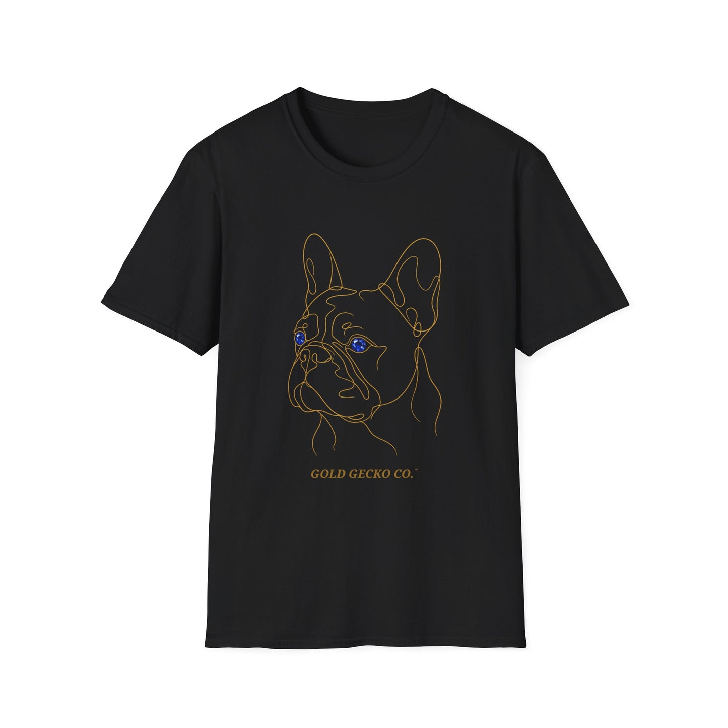 Sapphire French Bulldog single-line art with sapphire blue gem eye — Gold Gecko Co. Line & Gold collection (Dark)