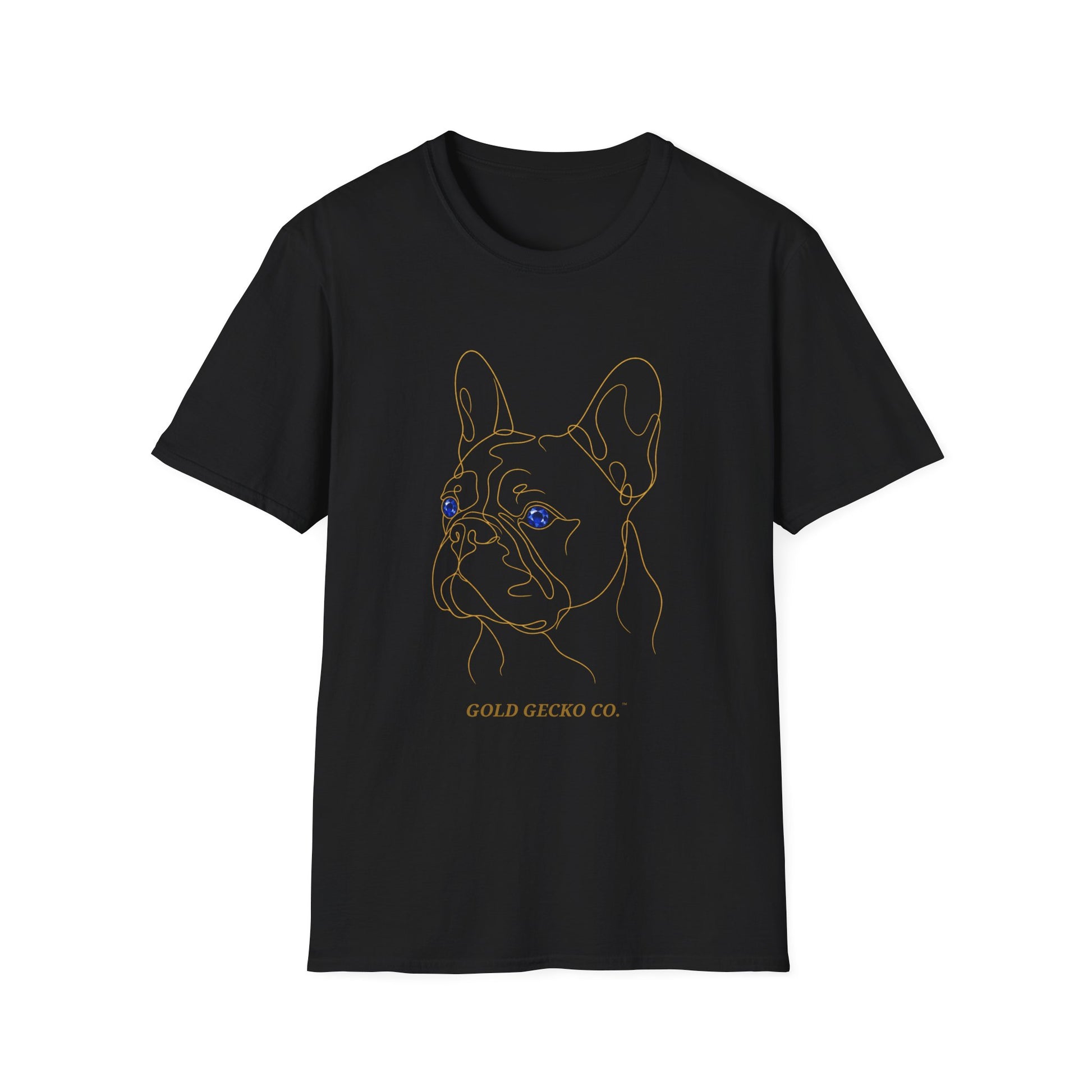 Sapphire French Bulldog single-line art with sapphire blue gem eye — Gold Gecko Co. Line & Gold collection (Dark)
