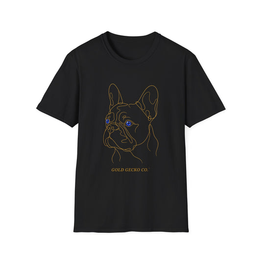 Sapphire French Bulldog single-line art with sapphire blue gem eye — Gold Gecko Co. Line & Gold collection (Dark)
