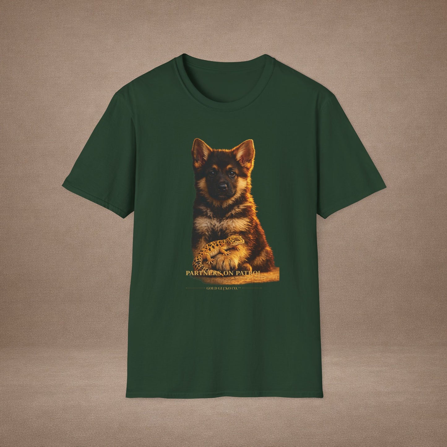 German Shepherd — Partners On Patrol — cinematic photoreal portraits of beloved dog breeds paired w. Gold Gecko Co. Puppies & Geckos collection.