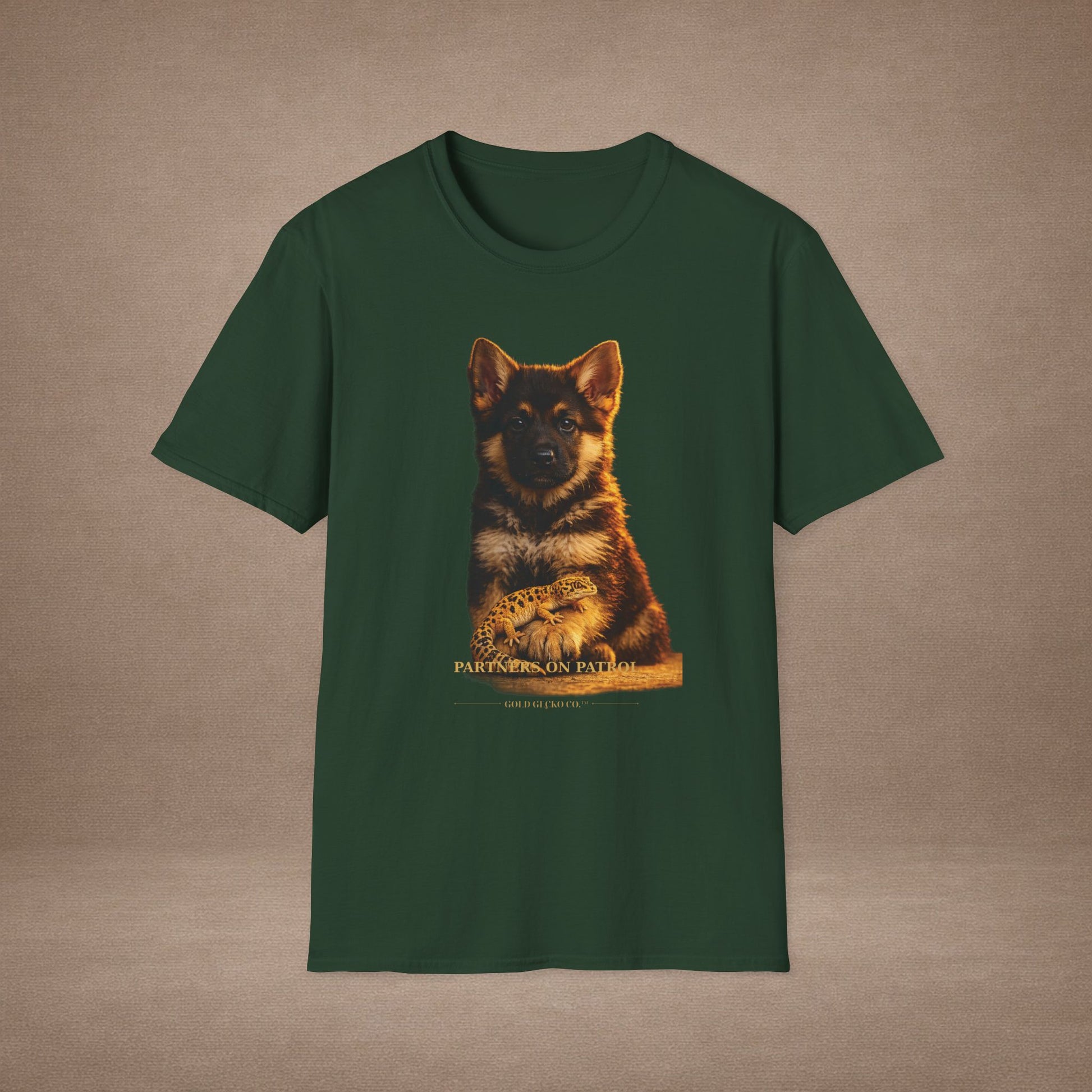 German Shepherd — Partners On Patrol — cinematic photoreal portraits of beloved dog breeds paired w. Gold Gecko Co. Puppies & Geckos collection.