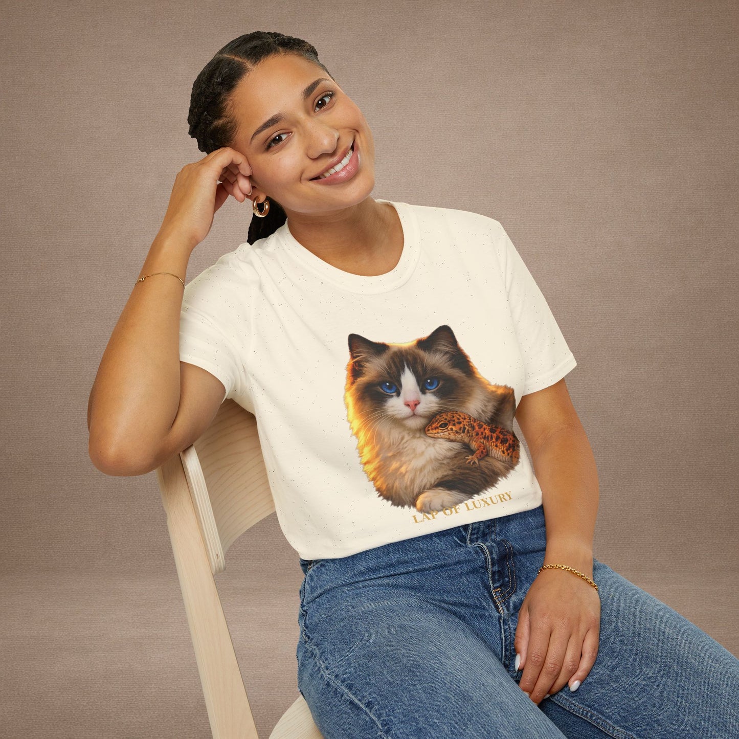 Ragdoll — Lap Of Luxury — photoreal cat breed portraits paired with tiny gecko compani. Gold Gecko Co. Cats & Geckos collection.