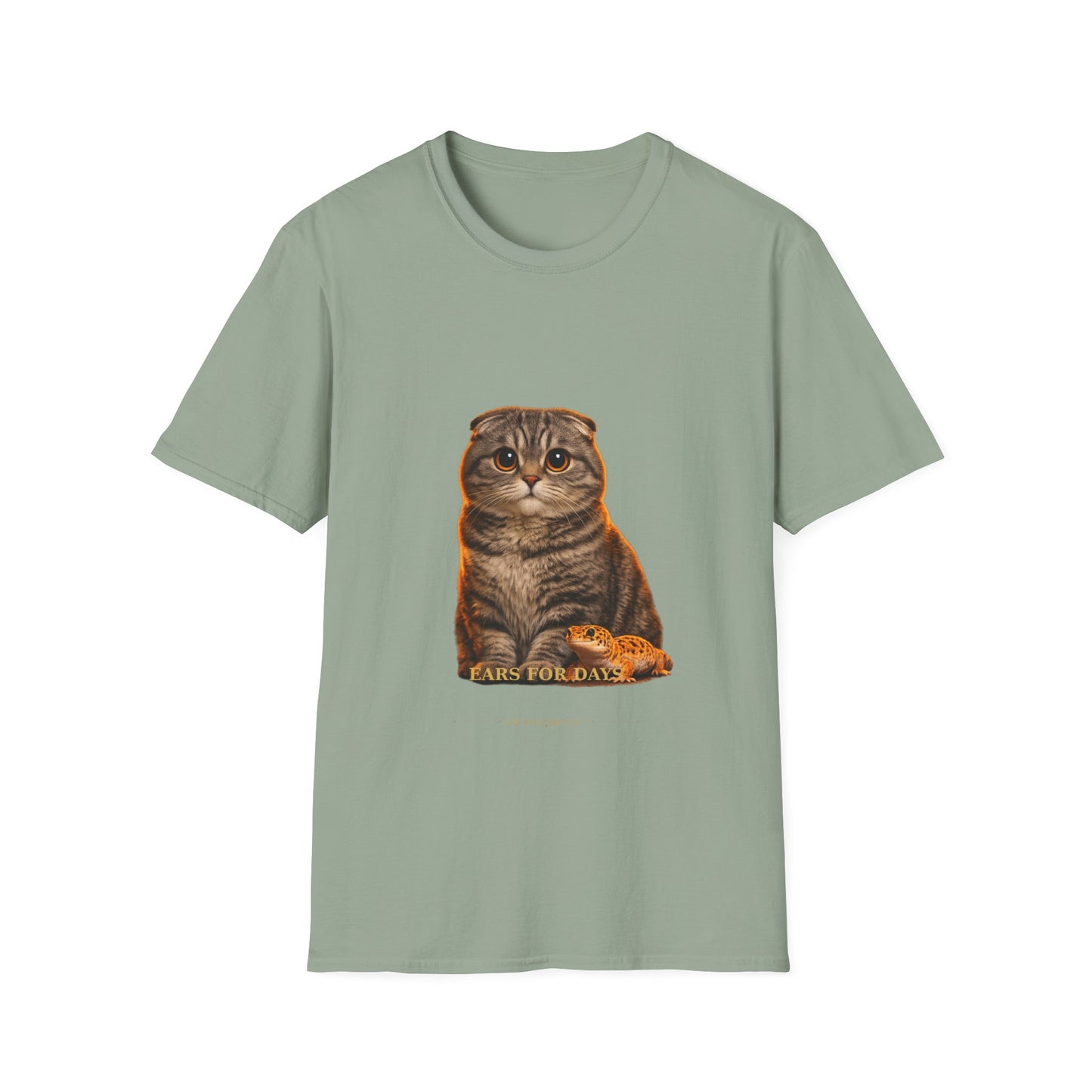 Scottish Fold — Ears For Days — photoreal cat breed portraits paired with tiny gecko compani. Gold Gecko Co. Cats & Geckos collection.