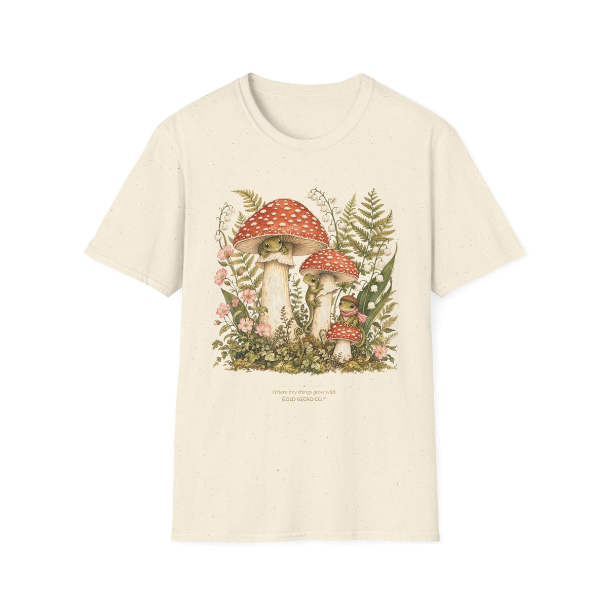Mushroom Village cottagecore watercolor T-shirt from Gold Gecko Co. — gecko exploring a whimsical toadstool village in the woods.