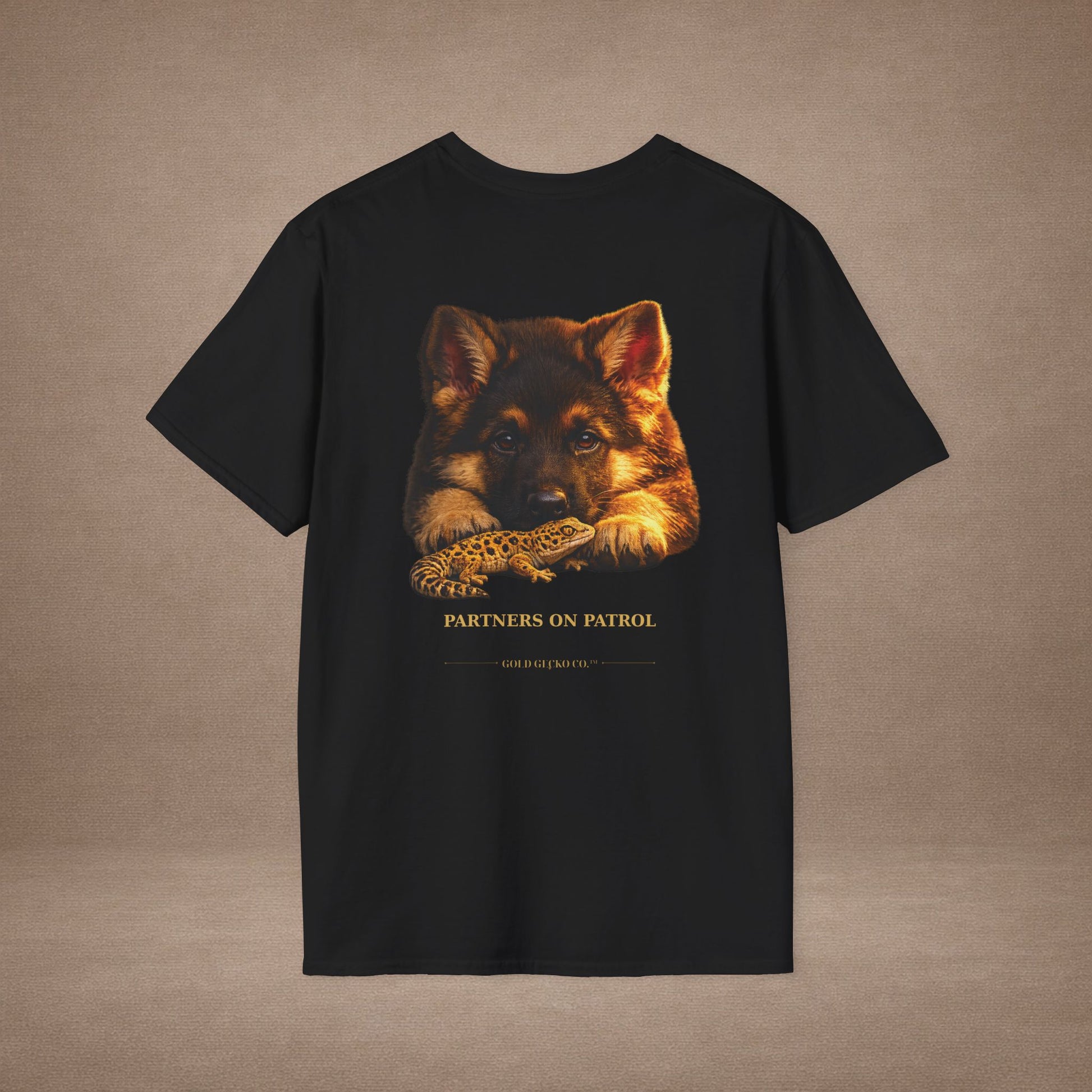 German Shepherd — Partners On Patrol — cinematic photoreal portraits of beloved dog breeds paired w. Gold Gecko Co. Puppies & Geckos collection.