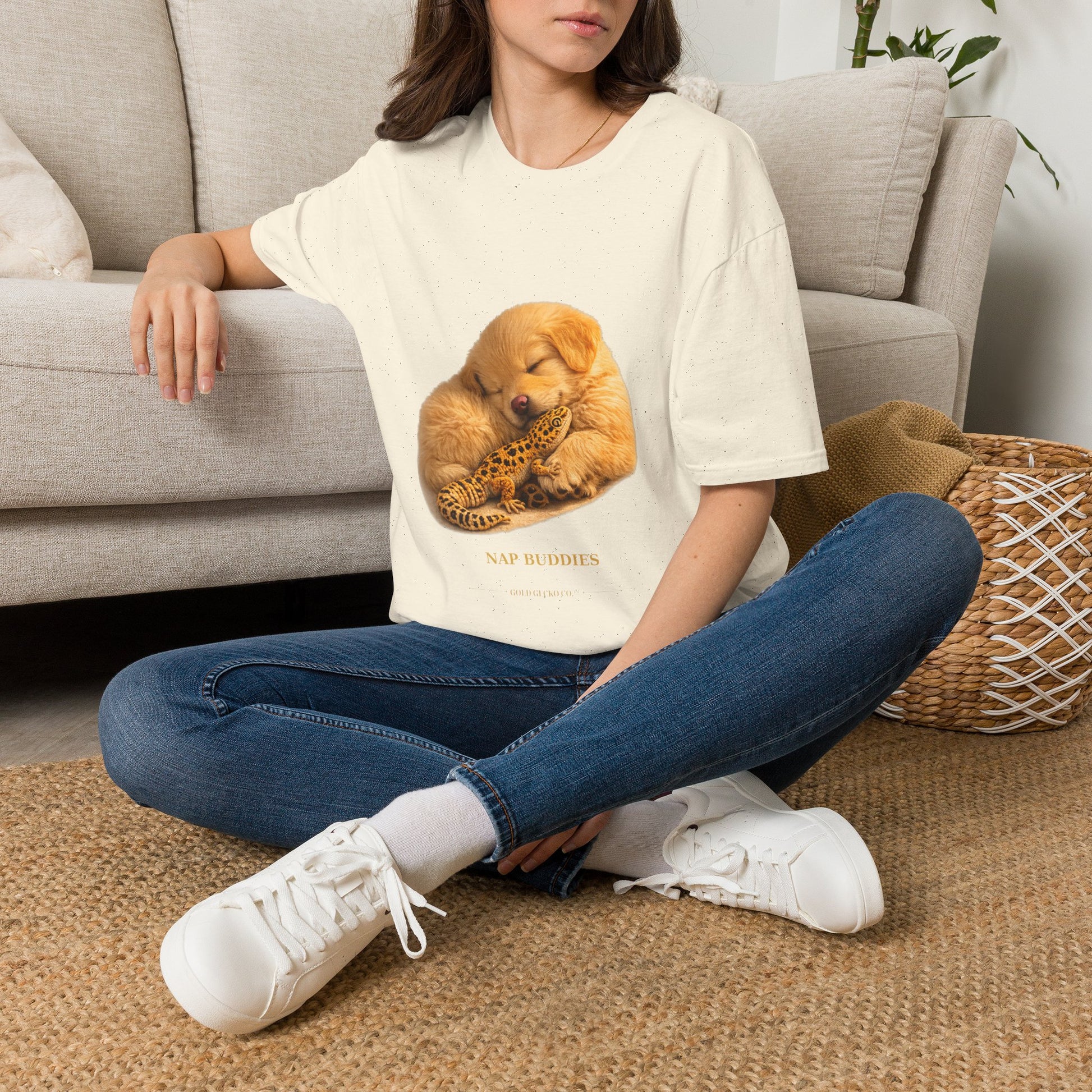 Golden Retriever — Nap Buddies — cinematic photoreal portraits of beloved dog breeds paired w. Gold Gecko Co. Puppies & Geckos collection.
