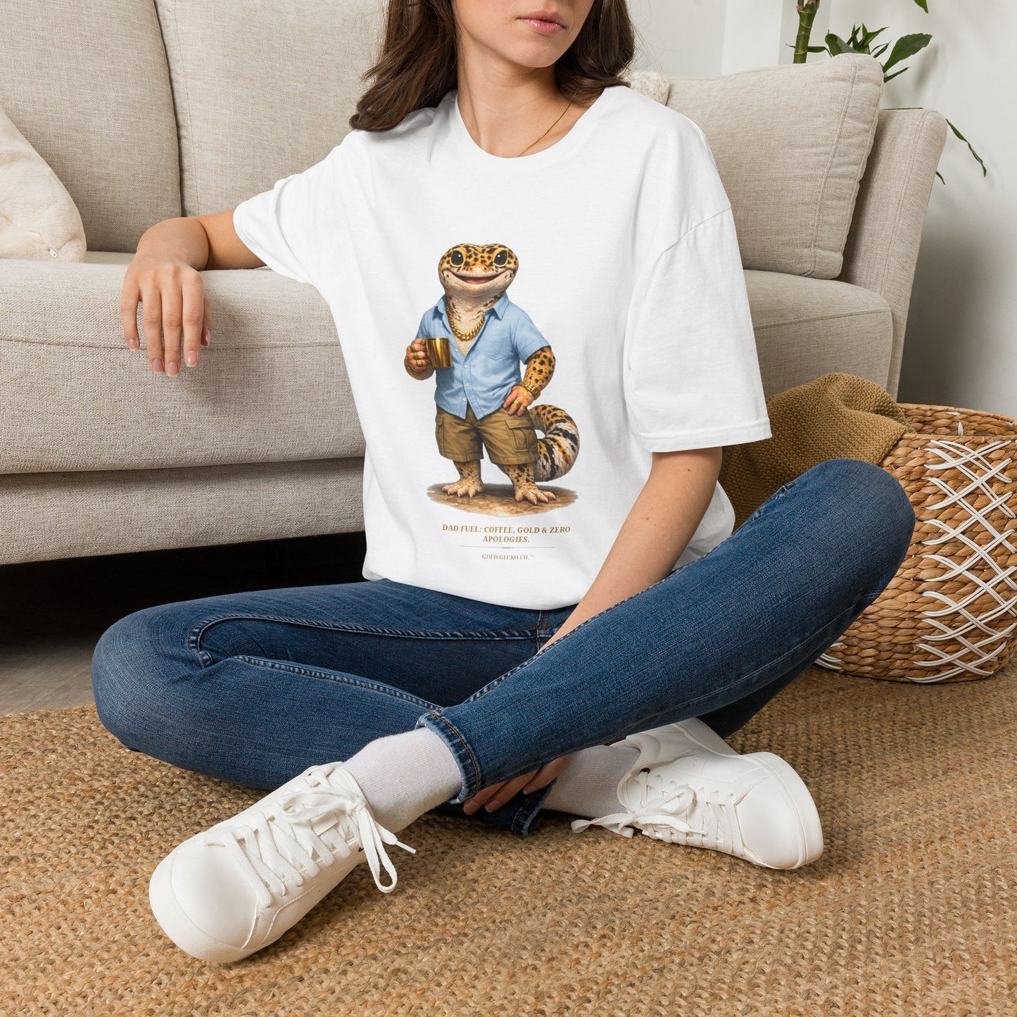 Design #03-2-2 - Coffee Dad (Leopard - Powder Blue Shirt, Gold Mug, Grass)