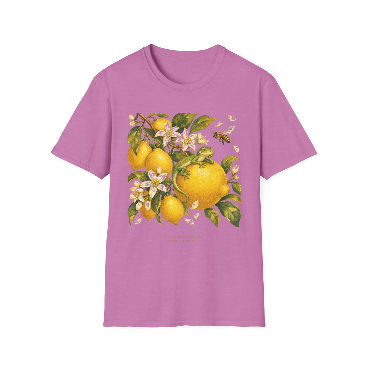 Citrus Grove Gecko cottagecore watercolor T-shirt from Gold Gecko Co. — gecko in a sunlit Mediterranean citrus grove of lemons and oranges.