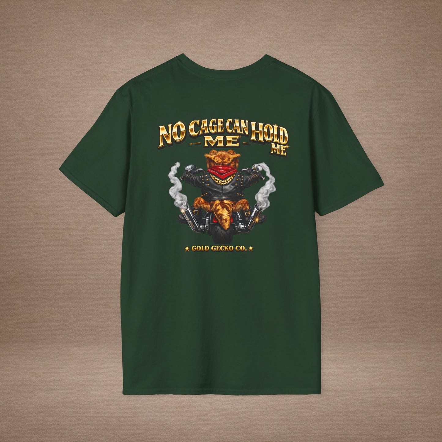 DESIGN #37 No Cage Can Hold Me — Chopper Gecko Tee (Front & Back) Gold Lettering