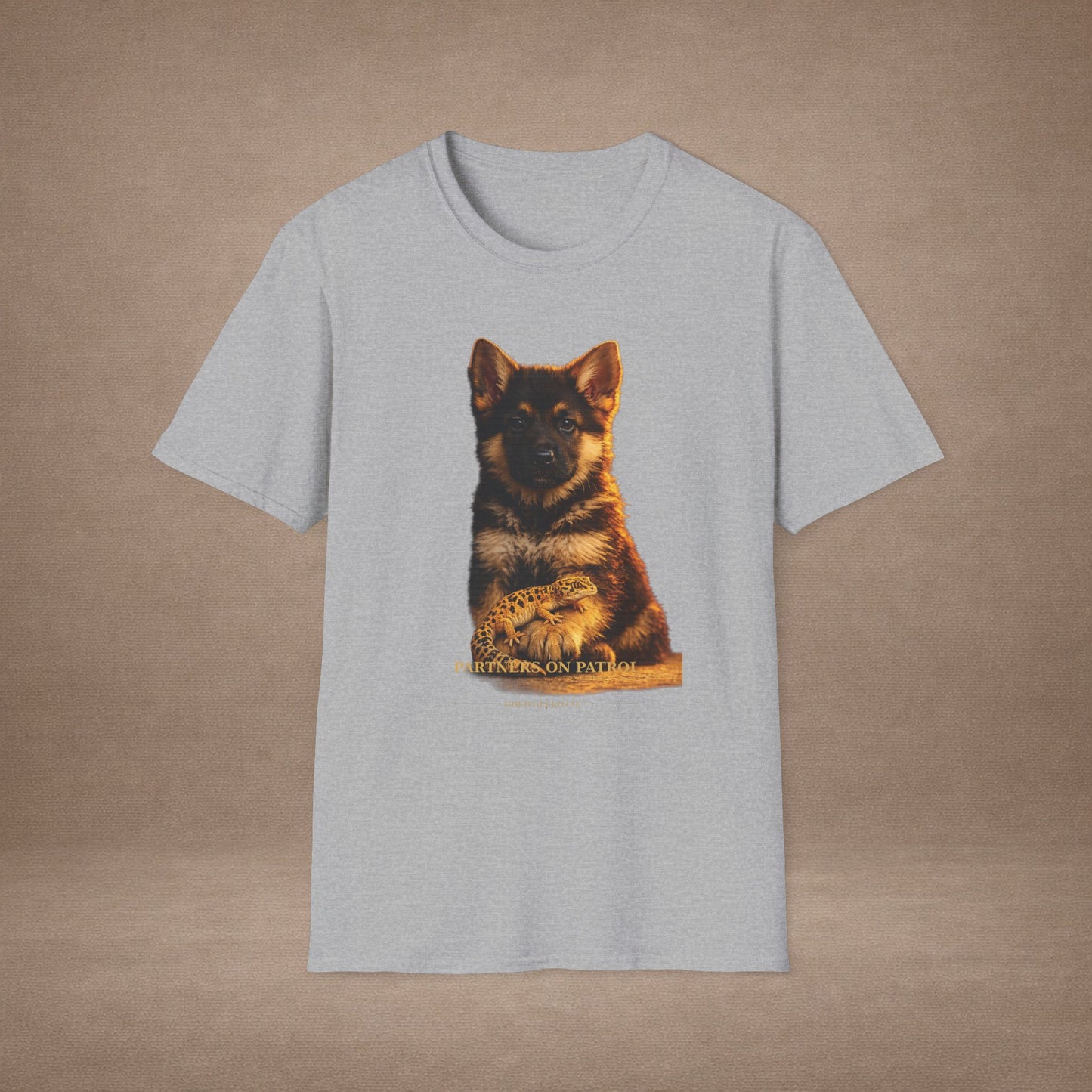 German Shepherd — Partners On Patrol — cinematic photoreal portraits of beloved dog breeds paired w. Gold Gecko Co. Puppies & Geckos collection.