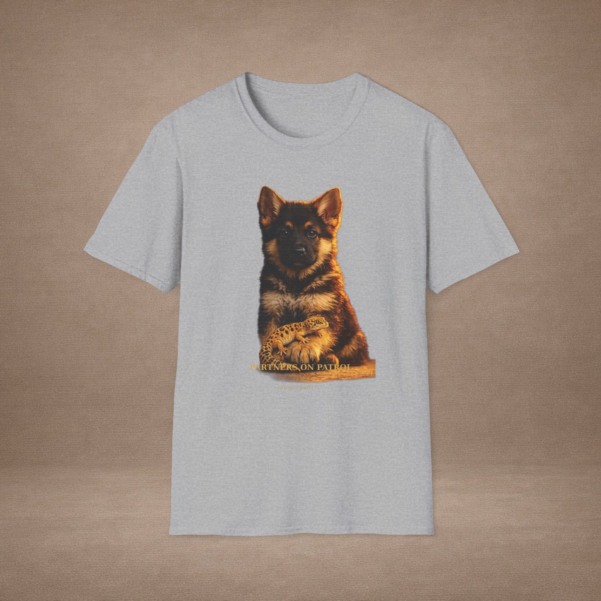 German Shepherd — Partners On Patrol — cinematic photoreal portraits of beloved dog breeds paired w. Gold Gecko Co. Puppies & Geckos collection.