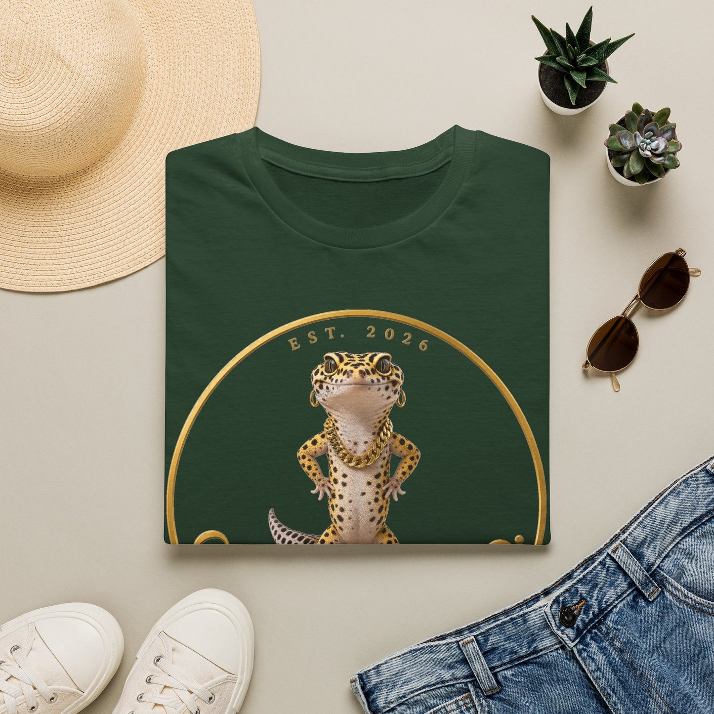 Design # 001  Gold Gecko Co. tm - Signature Logo Tee — Emblem Graphic T-Shirt (Front @ Back)