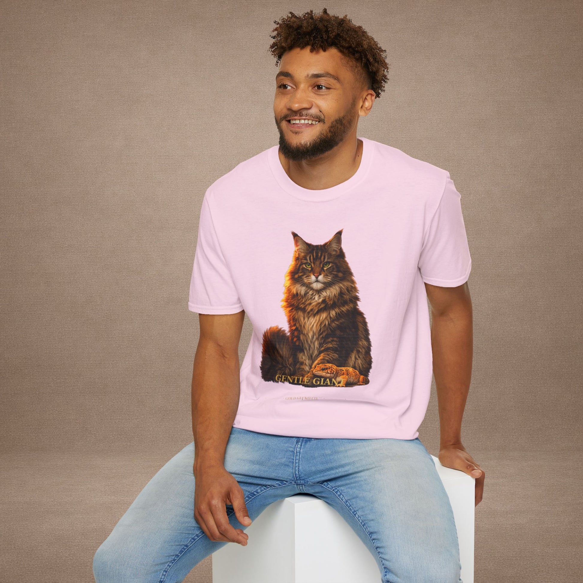 Maine Coon — Gentle Giant — photoreal cat breed portraits paired with tiny gecko compani. Gold Gecko Co. Cats & Geckos collection.
