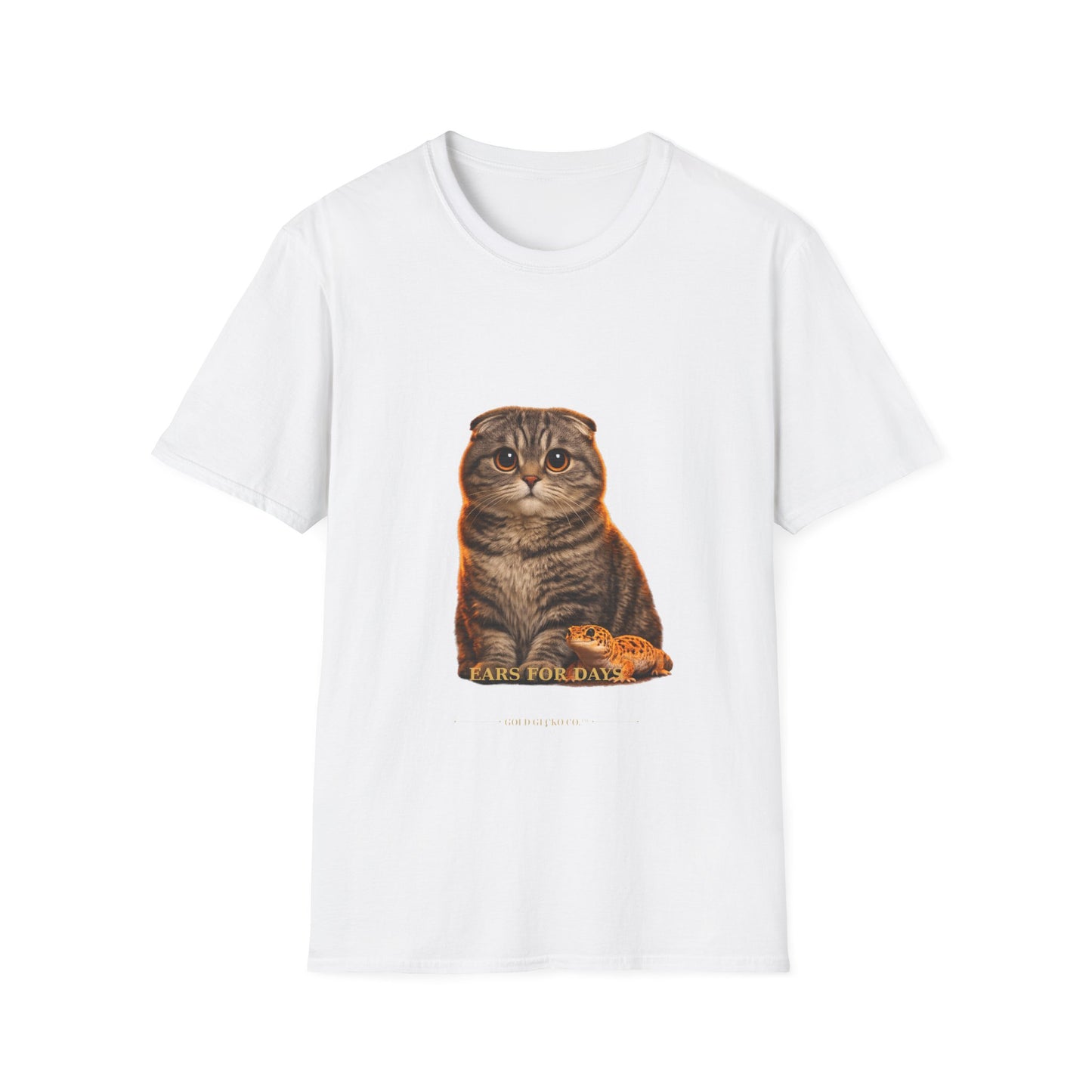 Scottish Fold — Ears For Days — photoreal cat breed portraits paired with tiny gecko compani. Gold Gecko Co. Cats & Geckos collection.