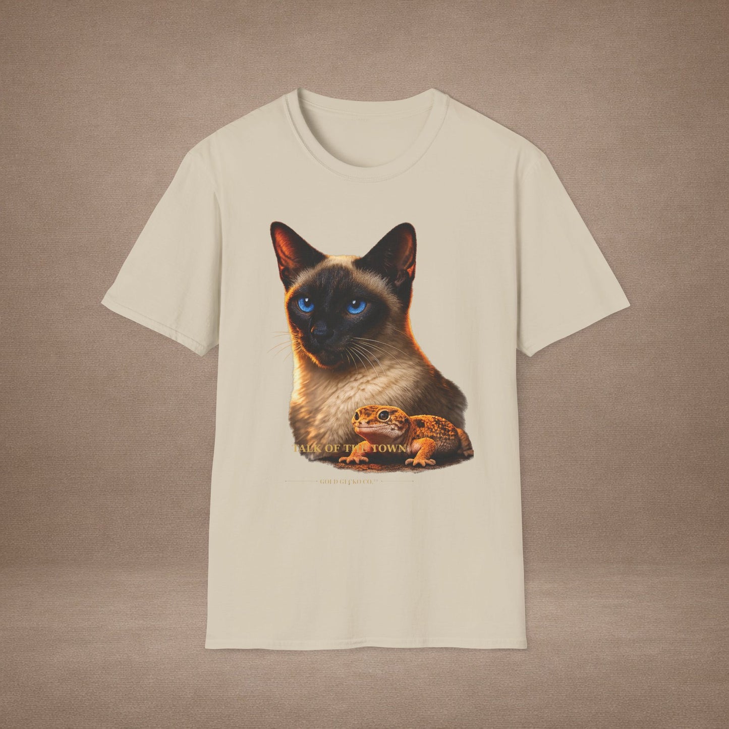 Siamese — Talk Of The Town — photoreal cat breed portraits paired with tiny gecko compani. Gold Gecko Co. Cats & Geckos collection.