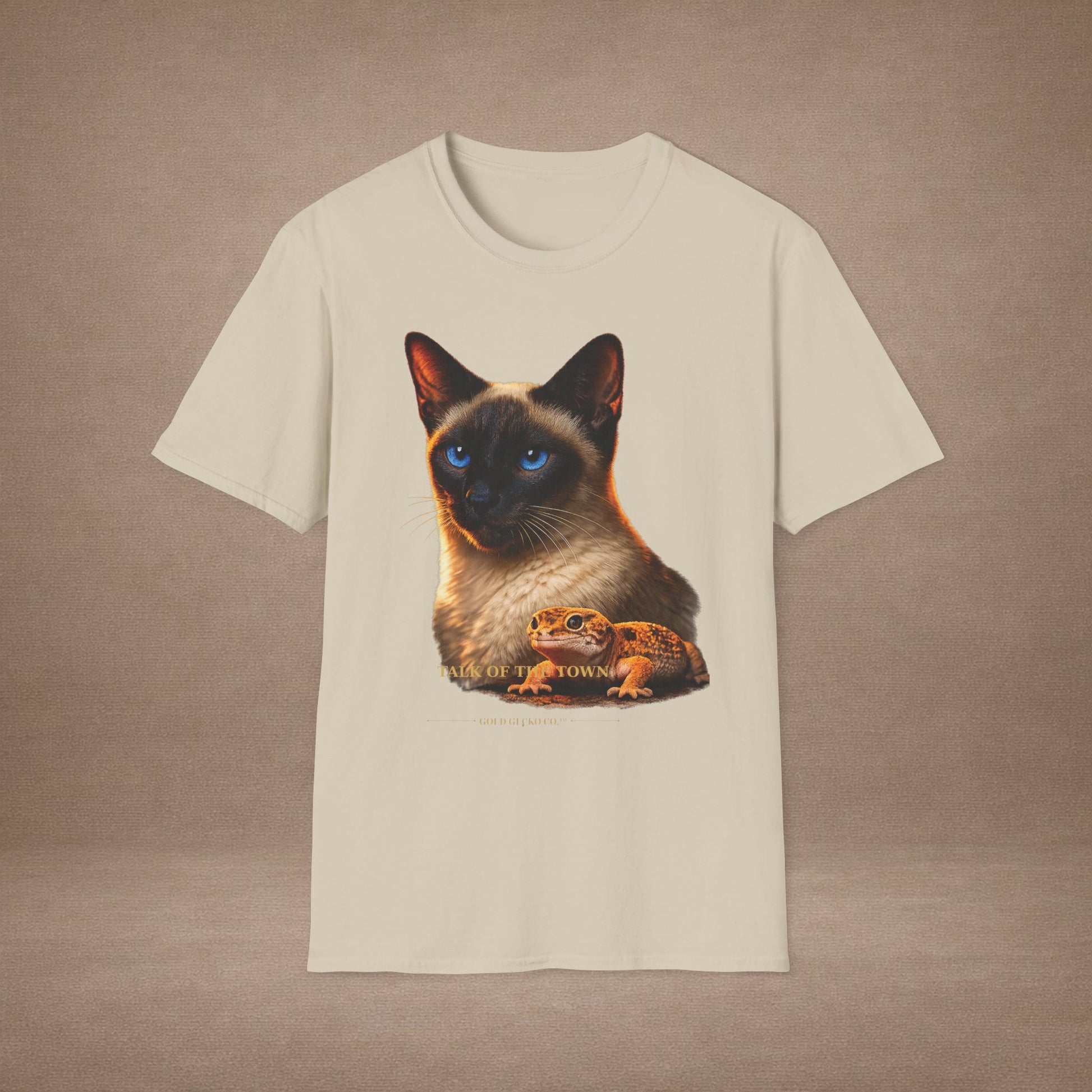 Siamese — Talk Of The Town — photoreal cat breed portraits paired with tiny gecko compani. Gold Gecko Co. Cats & Geckos collection.
