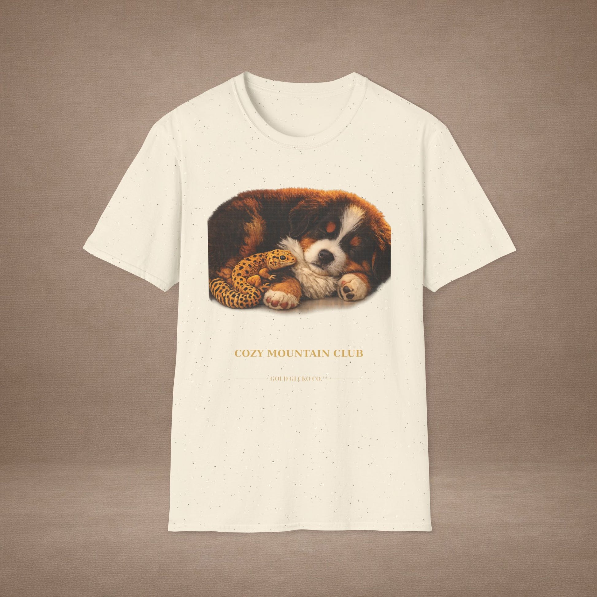 Bernese Mountain Dog — Cozy Mountain Club — cinematic photoreal portraits of beloved dog breeds paired w. Gold Gecko Co. Puppies & Geckos collection.