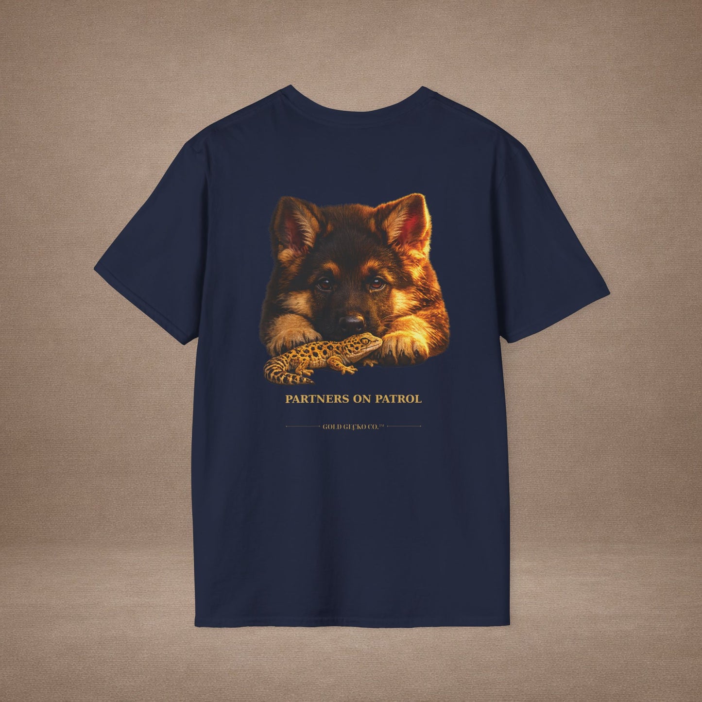 German Shepherd — Partners On Patrol — cinematic photoreal portraits of beloved dog breeds paired w. Gold Gecko Co. Puppies & Geckos collection.
