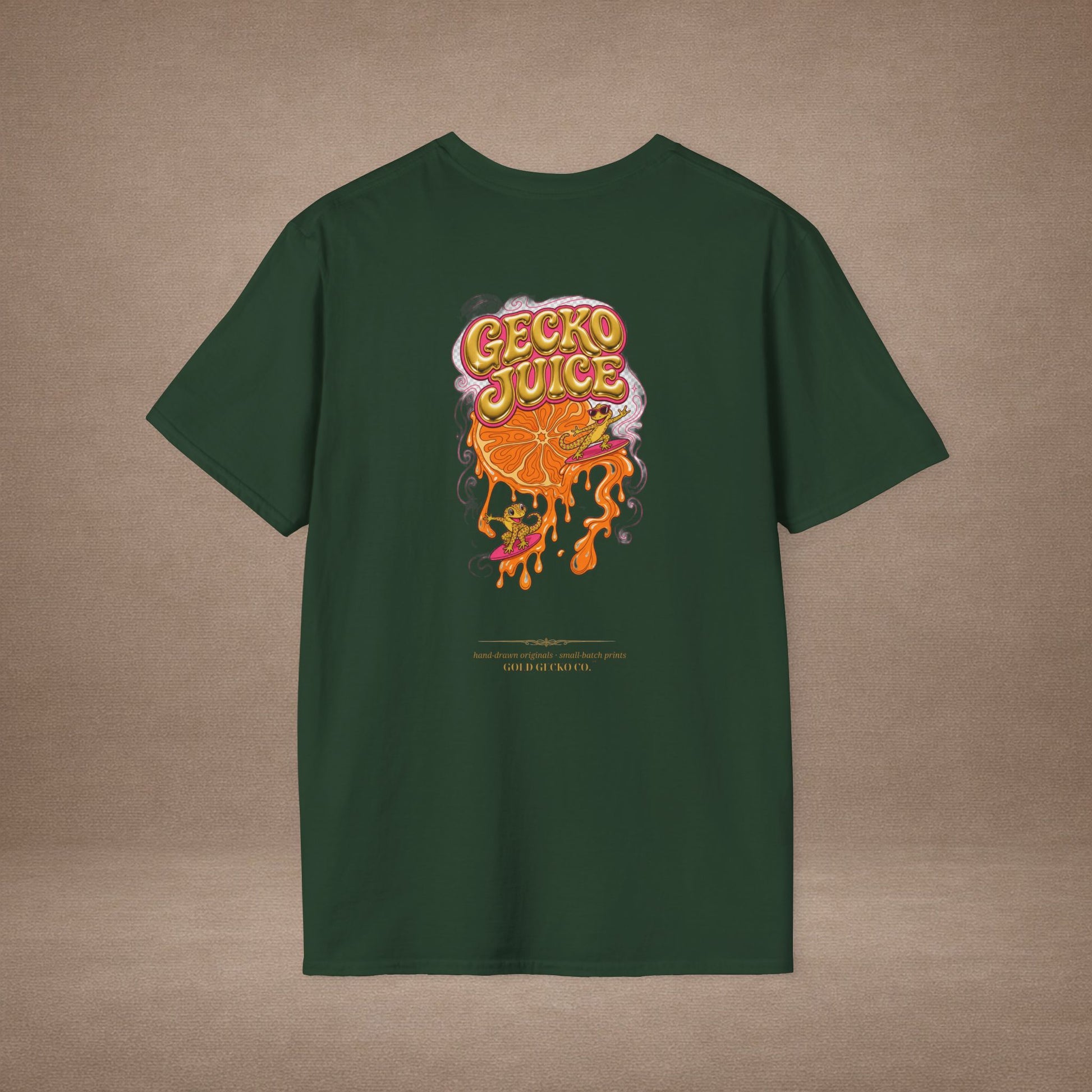 Stay Juicy retro chrome orange & gecko graphic t-shirt — Gold Gecko Co.