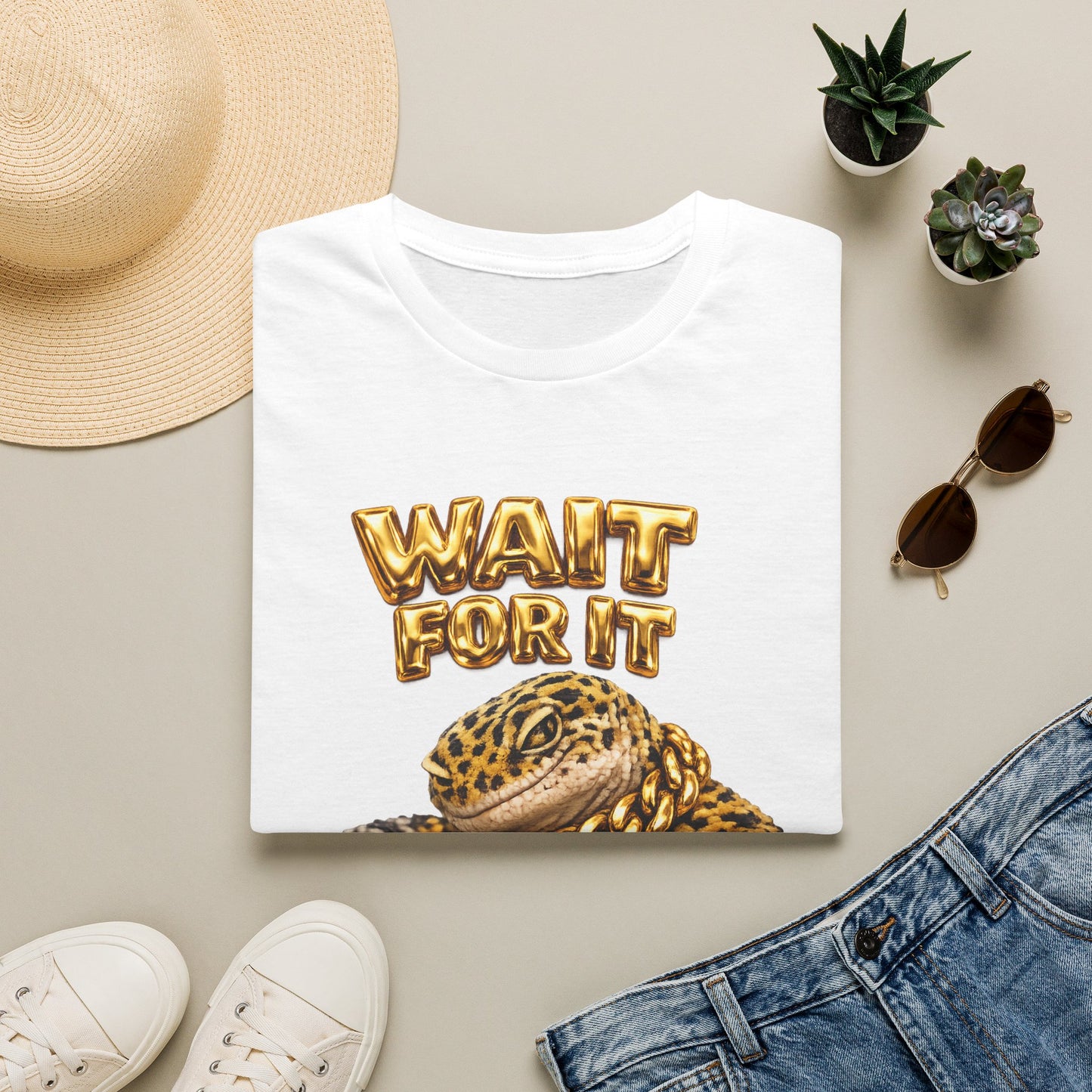 DESIGN #06-1 - Wait For It -  Side-Eye Leopard Gecko Tee (Front & Back)- Gold Letters