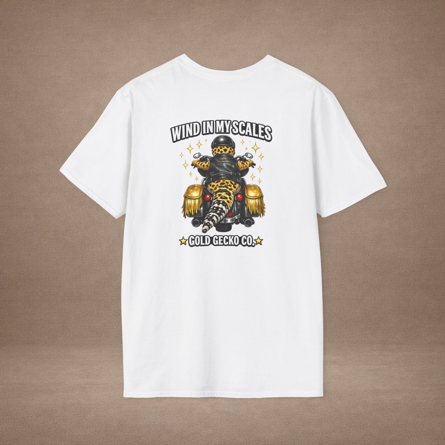 DESIGN #38 Wind in My Scales — Bagger Gecko Tee (Front & Back) Golden Letters