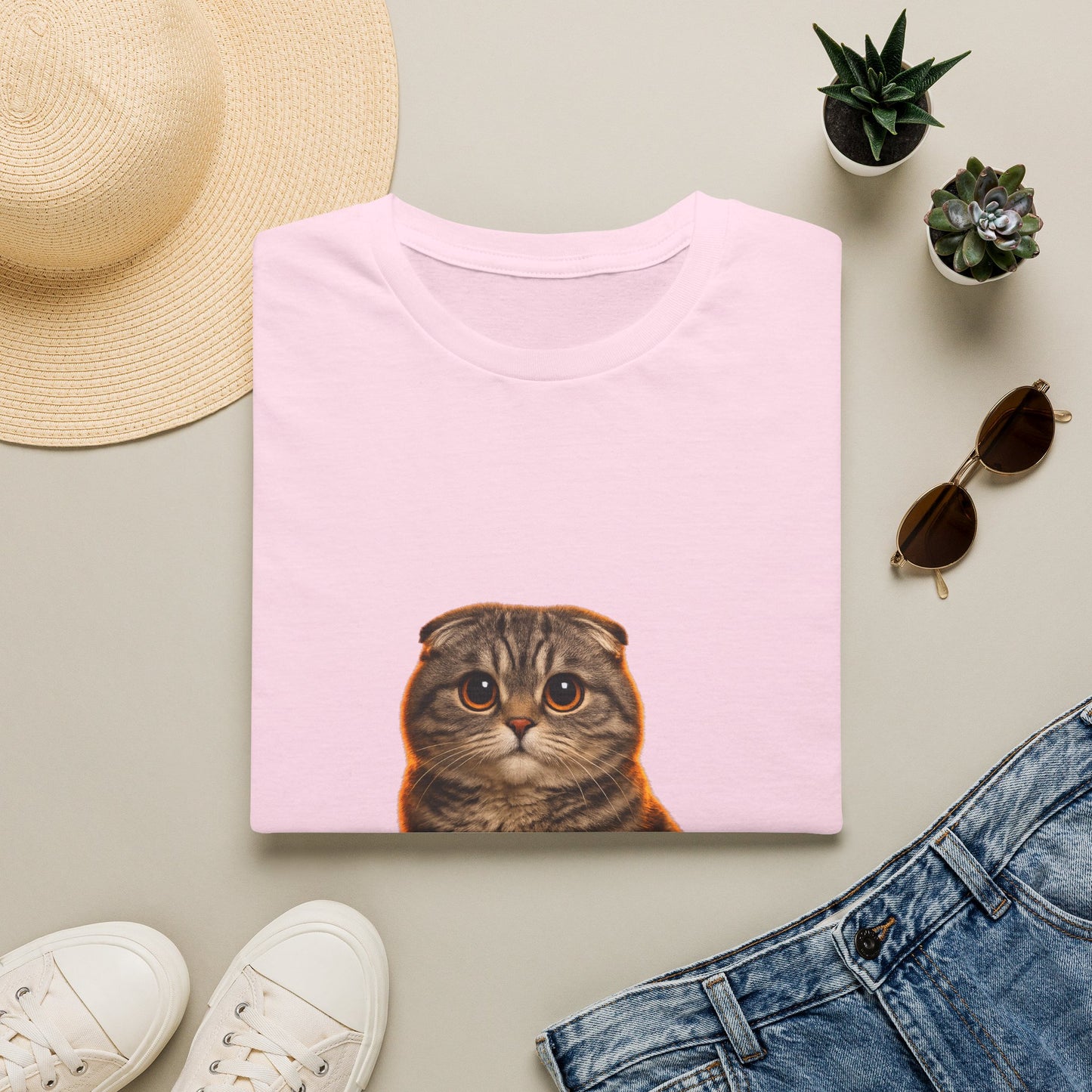 Scottish Fold — Ears For Days — photoreal cat breed portraits paired with tiny gecko compani. Gold Gecko Co. Cats & Geckos collection.
