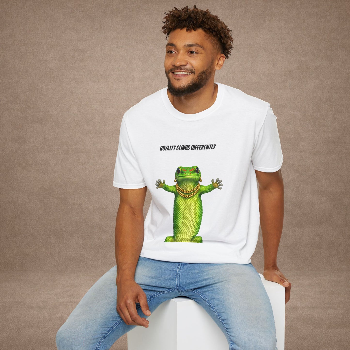 DESIGN #2-1 Royalty Clings Differently — Day Gecko Tee - (Black Letters)