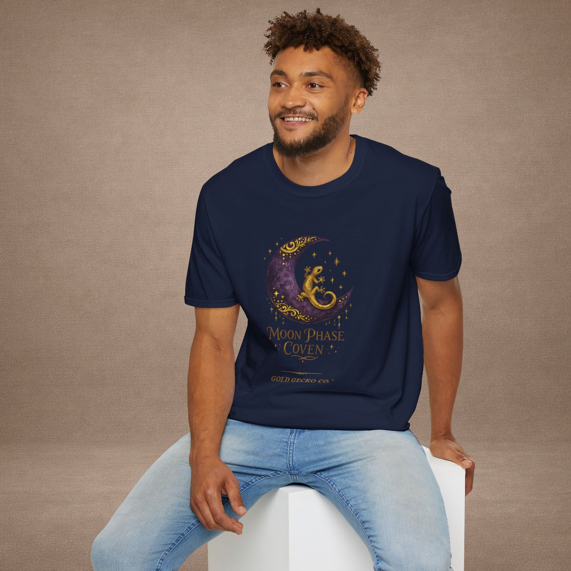 Moon Phase Coven gecko t-shirt with Coven Banner back — Gold Gecko Co. Moon & Mystic collection