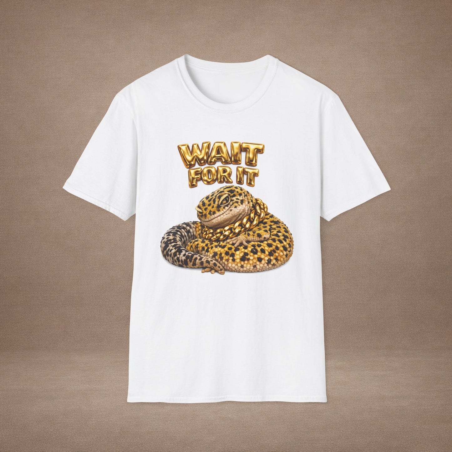 DESIGN #21-1 Wait For It... Lounging Leopard Gecko Tee (Front & Back) Gold Lettering