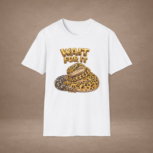 DESIGN #21-1 Wait For It... Lounging Leopard Gecko Tee (Front & Back) Gold Lettering