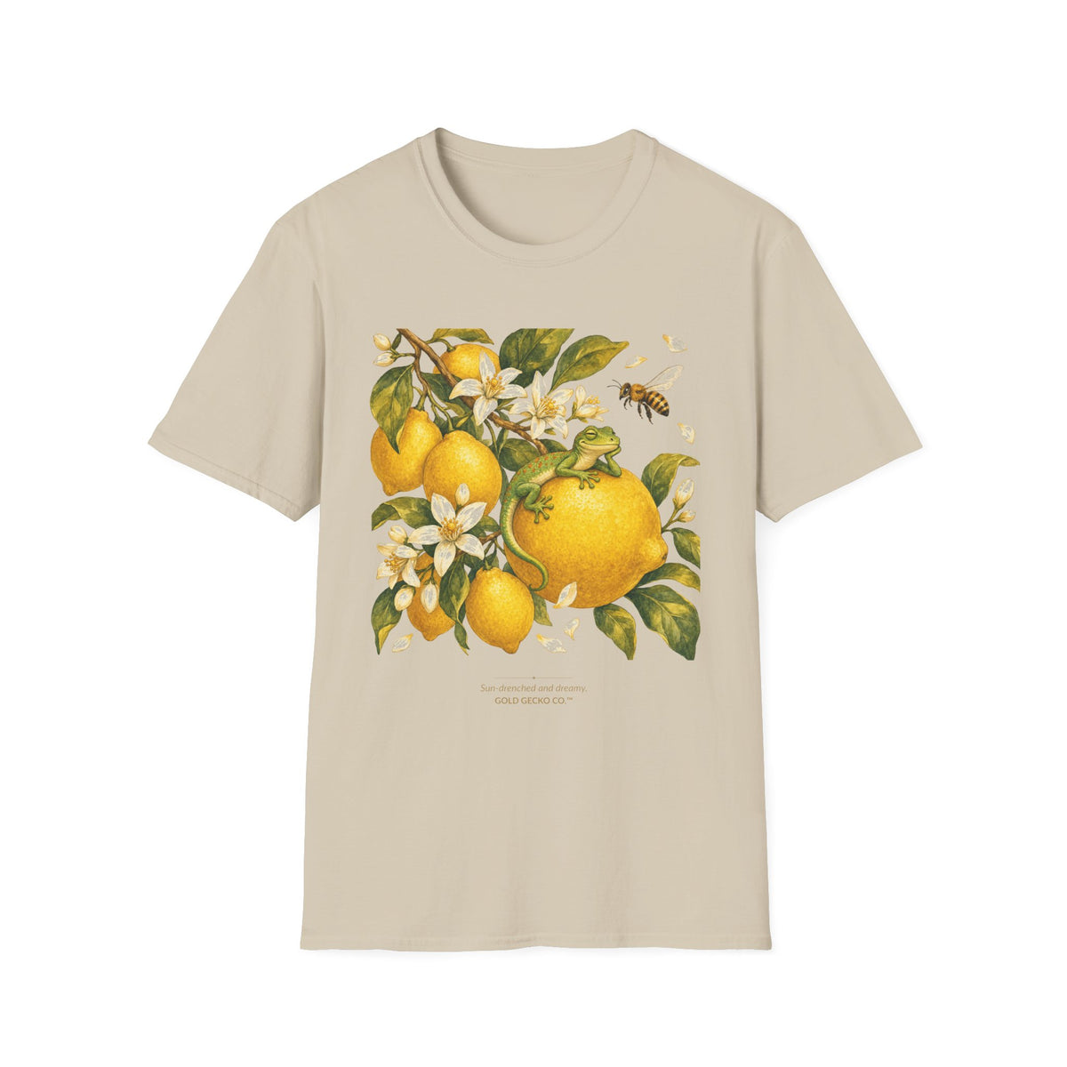 Citrus Grove Gecko cottagecore watercolor T-shirt from Gold Gecko Co. — gecko in a sunlit Mediterranean citrus grove of lemons and oranges.
