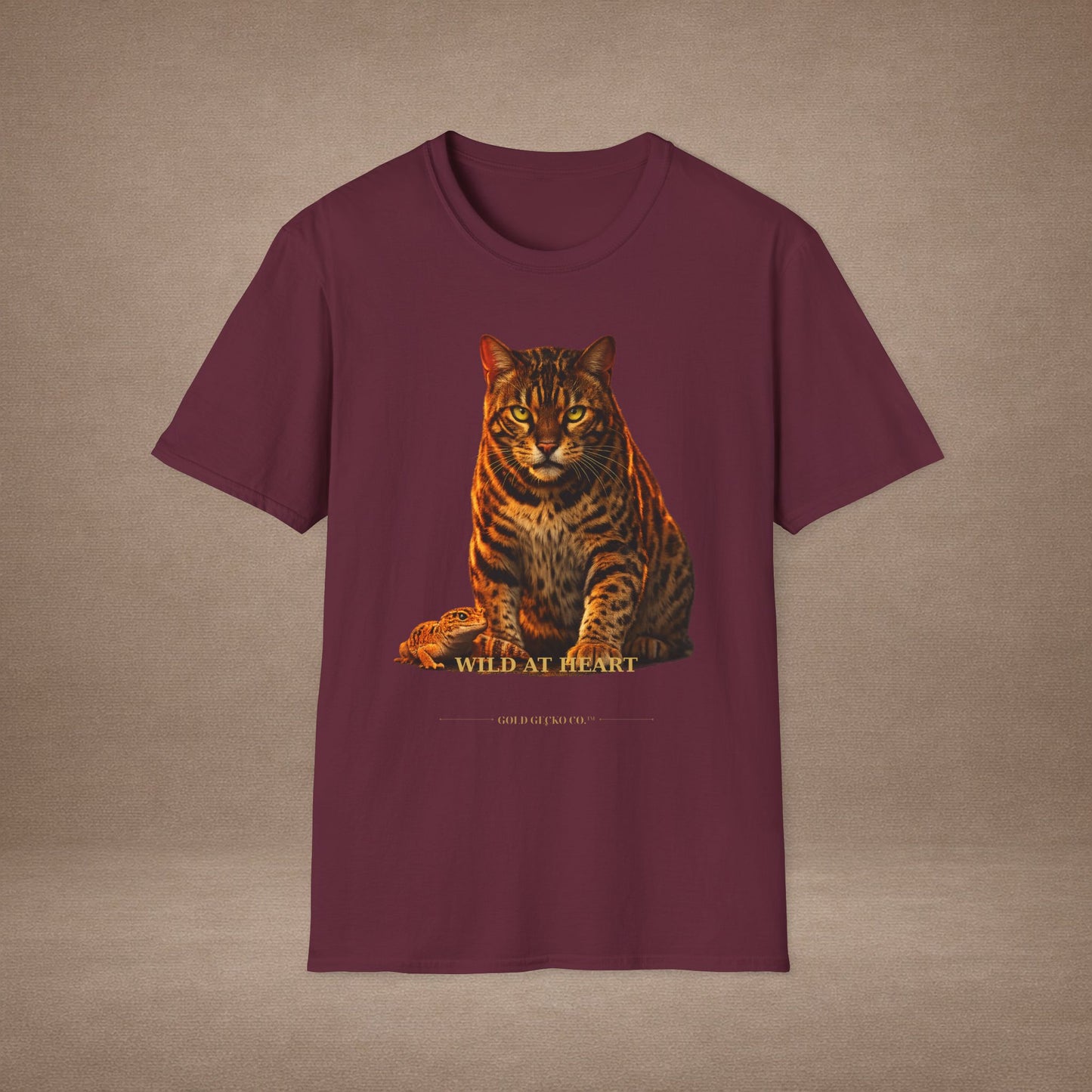 Bengal — Wild At Heart — photoreal cat breed portraits paired with tiny gecko compani. Gold Gecko Co. Cats & Geckos collection.