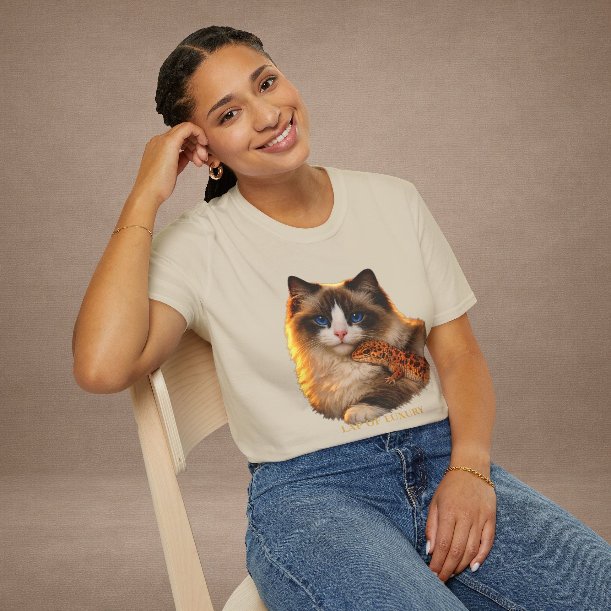 Ragdoll — Lap Of Luxury — photoreal cat breed portraits paired with tiny gecko compani. Gold Gecko Co. Cats & Geckos collection.