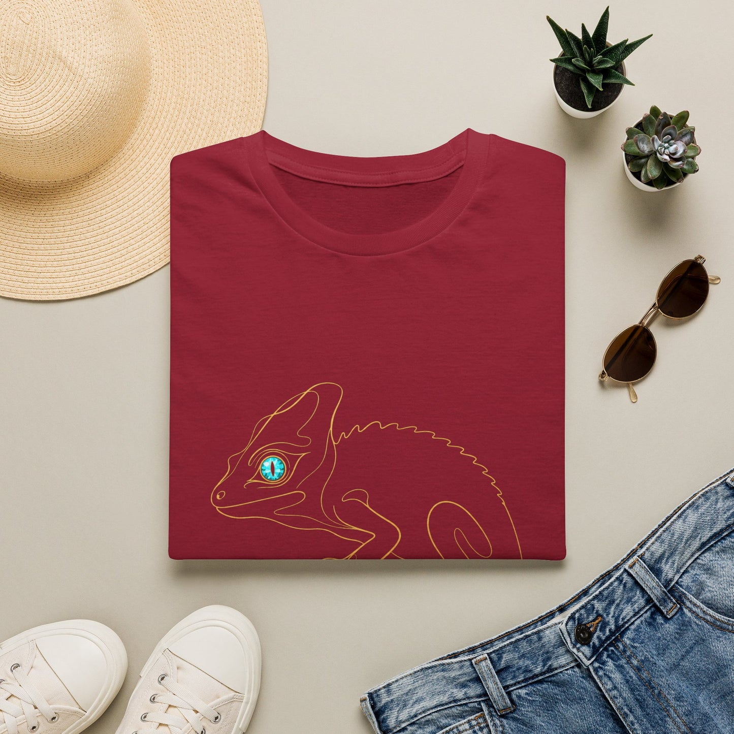 Turquoise Chameleon single-line art with turquoise gem eye — Gold Gecko Co. Line & Gold collection (Dark)