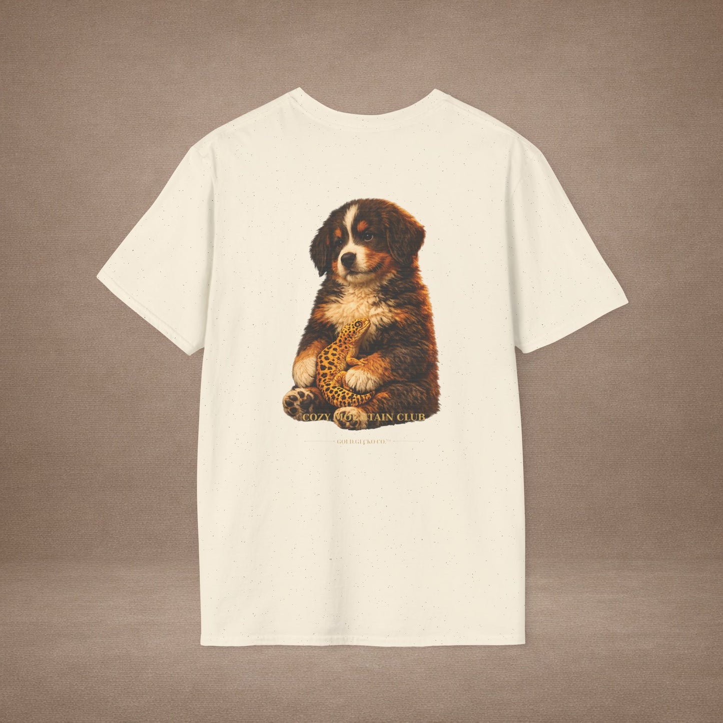 Bernese Mountain Dog — Cozy Mountain Club — cinematic photoreal portraits of beloved dog breeds paired w. Gold Gecko Co. Puppies & Geckos collection.