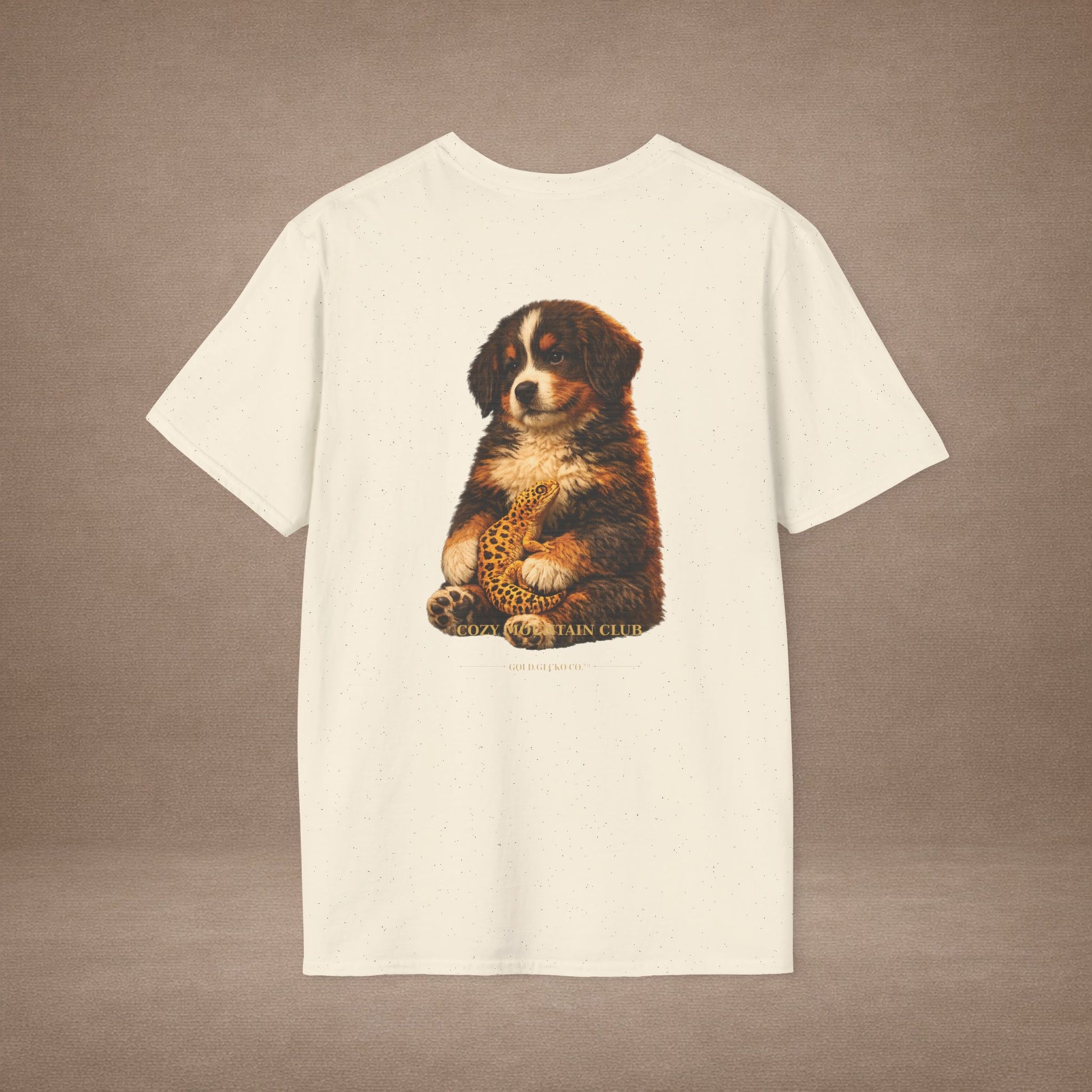 Bernese Mountain Dog — Cozy Mountain Club — cinematic photoreal portraits of beloved dog breeds paired w. Gold Gecko Co. Puppies & Geckos collection.