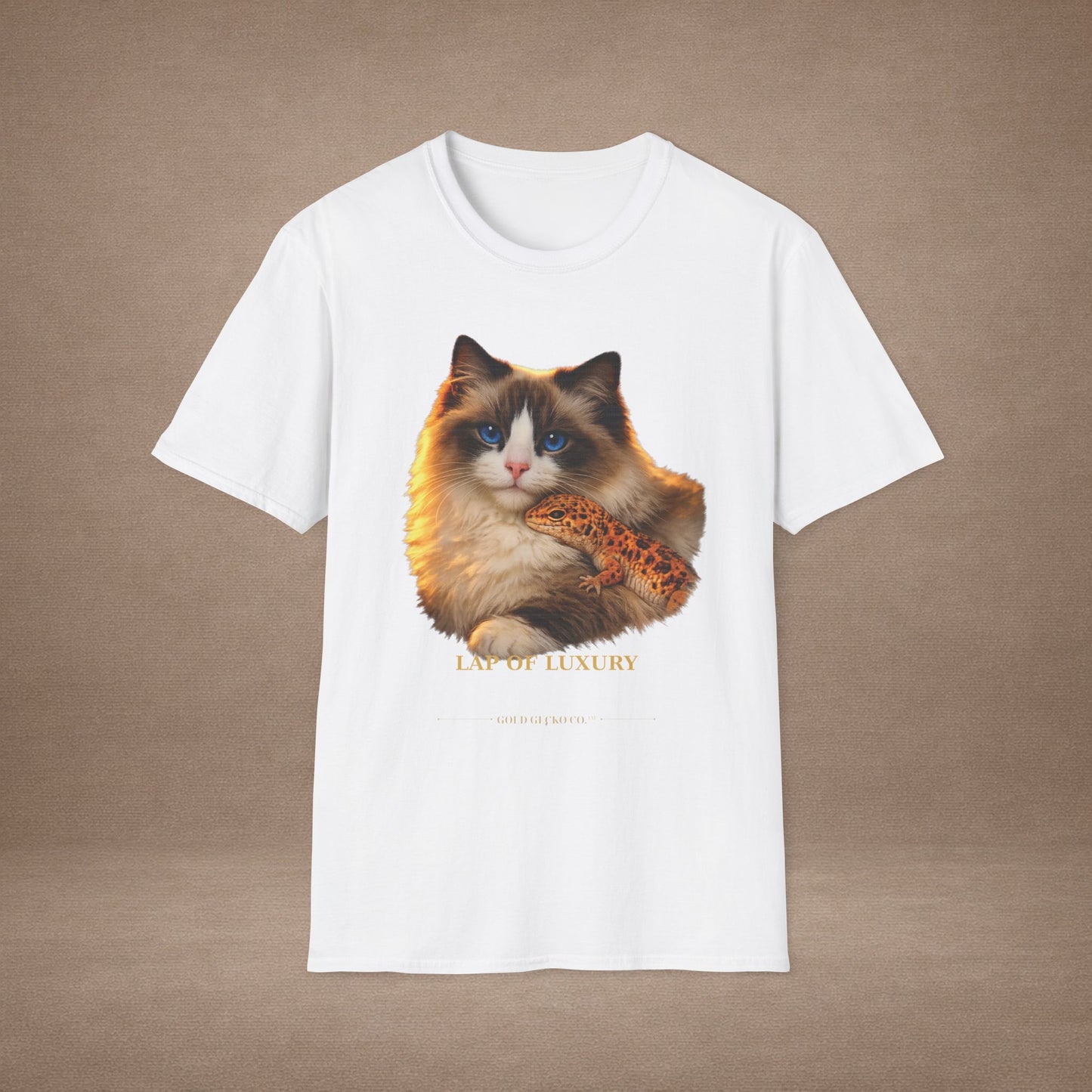 Ragdoll — Lap Of Luxury — photoreal cat breed portraits paired with tiny gecko compani. Gold Gecko Co. Cats & Geckos collection.