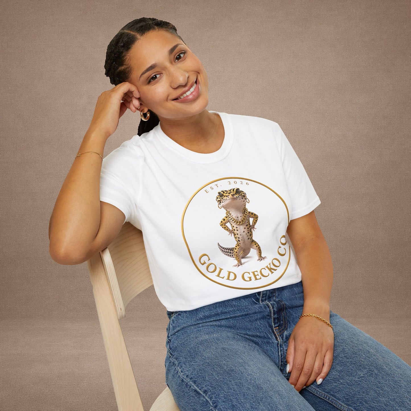 Design # 001  Gold Gecko Co. tm - Signature Logo Tee — Emblem Graphic T-Shirt (Front @ Back)
