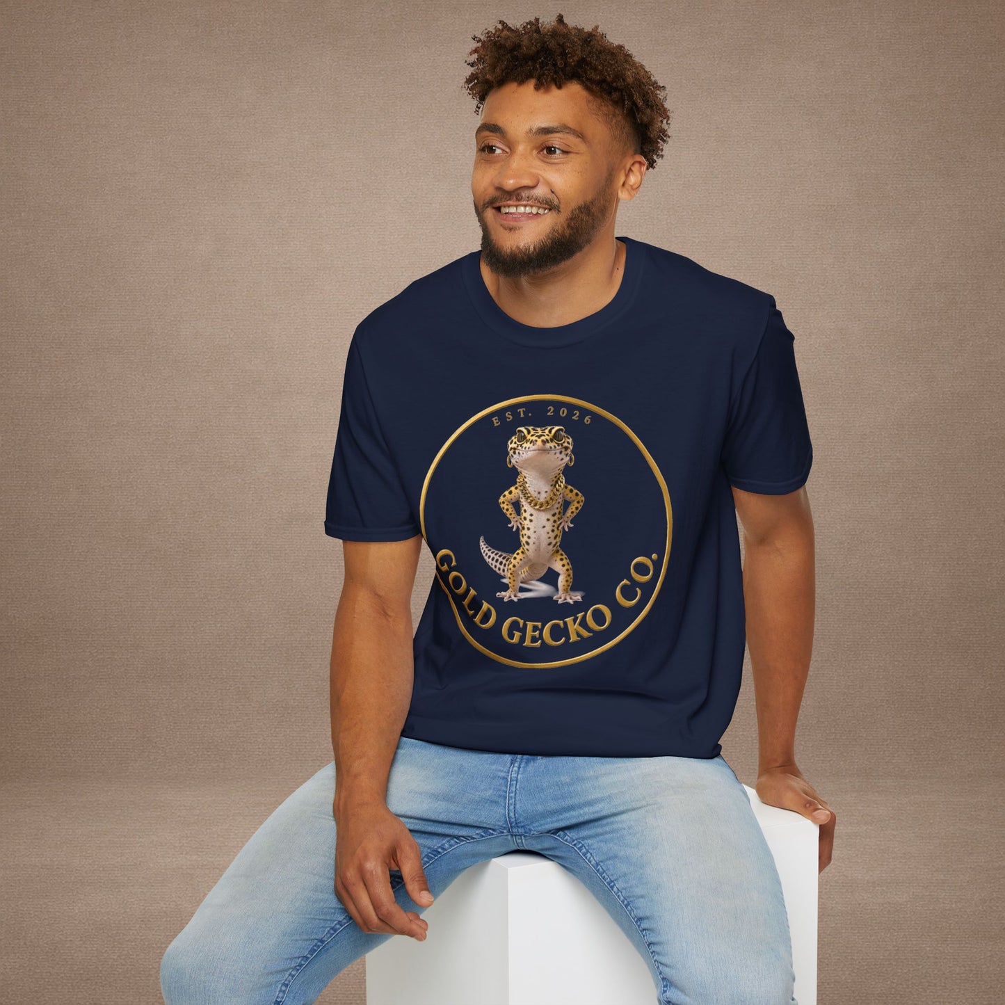 Design # 001  Gold Gecko Co. tm - Signature Logo Tee — Emblem Graphic T-Shirt (Front @ Back)