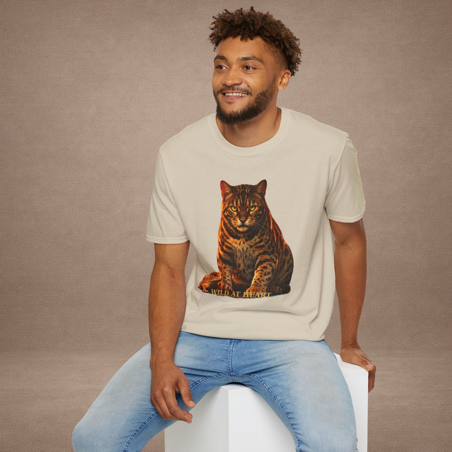 Bengal — Wild At Heart — photoreal cat breed portraits paired with tiny gecko compani. Gold Gecko Co. Cats & Geckos collection.