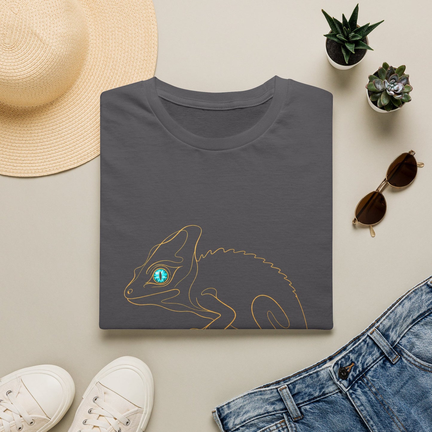 Turquoise Chameleon single-line art with turquoise gem eye — Gold Gecko Co. Line & Gold collection (Dark)