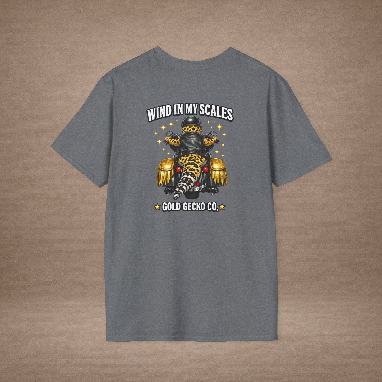 DESIGN #38 Wind in My Scales — Bagger Gecko Tee (Front & Back) Golden Letters