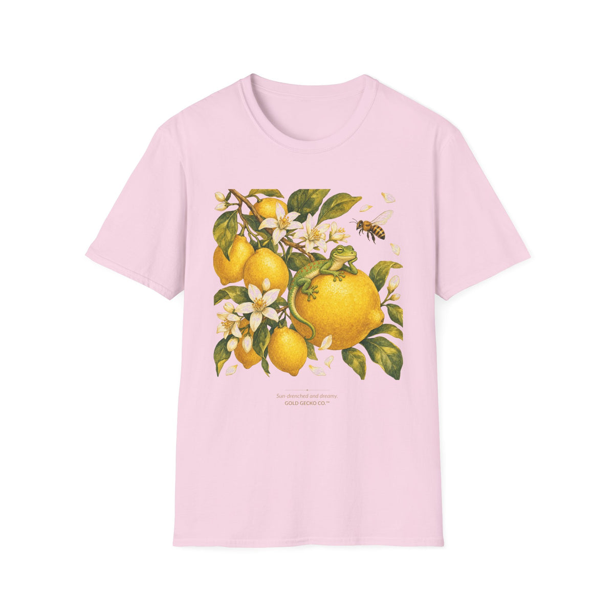 Citrus Grove Gecko cottagecore watercolor T-shirt from Gold Gecko Co. — gecko in a sunlit Mediterranean citrus grove of lemons and oranges.