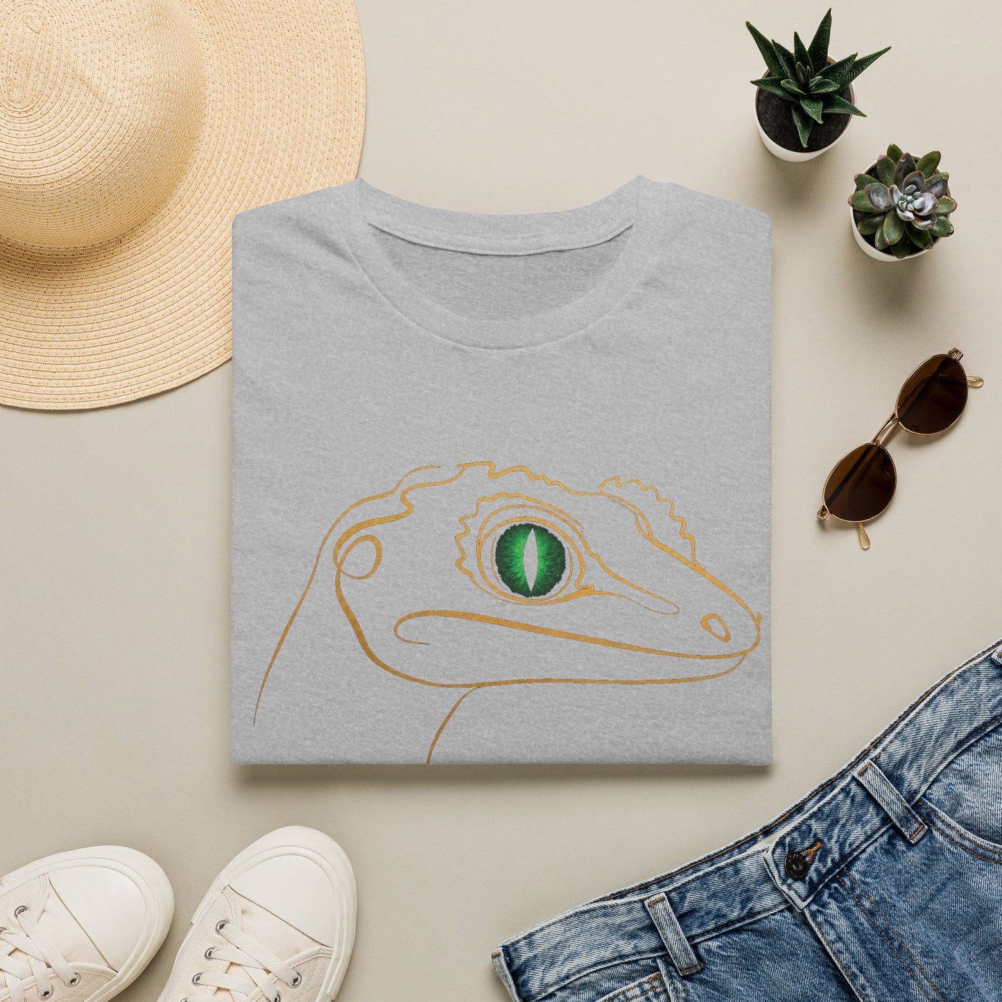 Emerald Gecko single-line art with emerald green gem eye — Gold Gecko Co. Line & Gold collection (Dark)