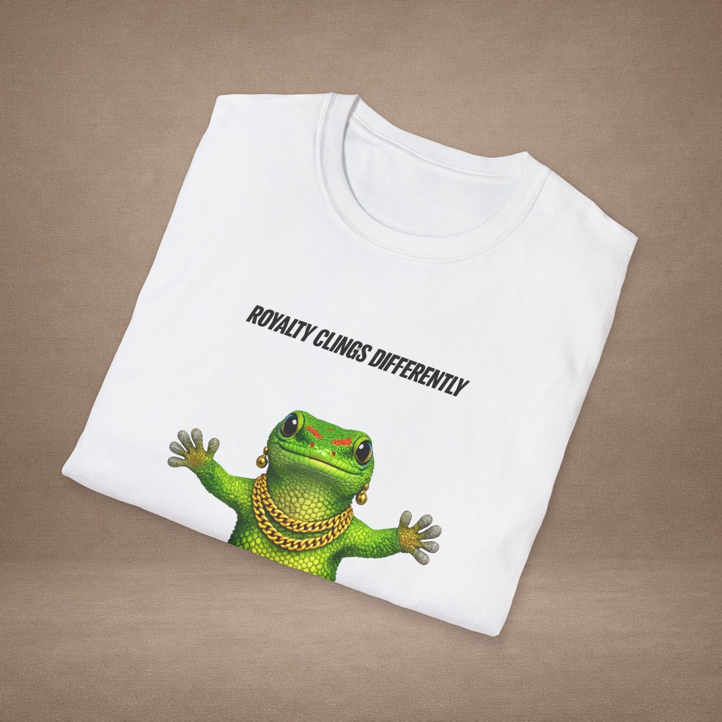 DESIGN #2-1 Royalty Clings Differently — Day Gecko Tee - (Black Letters)