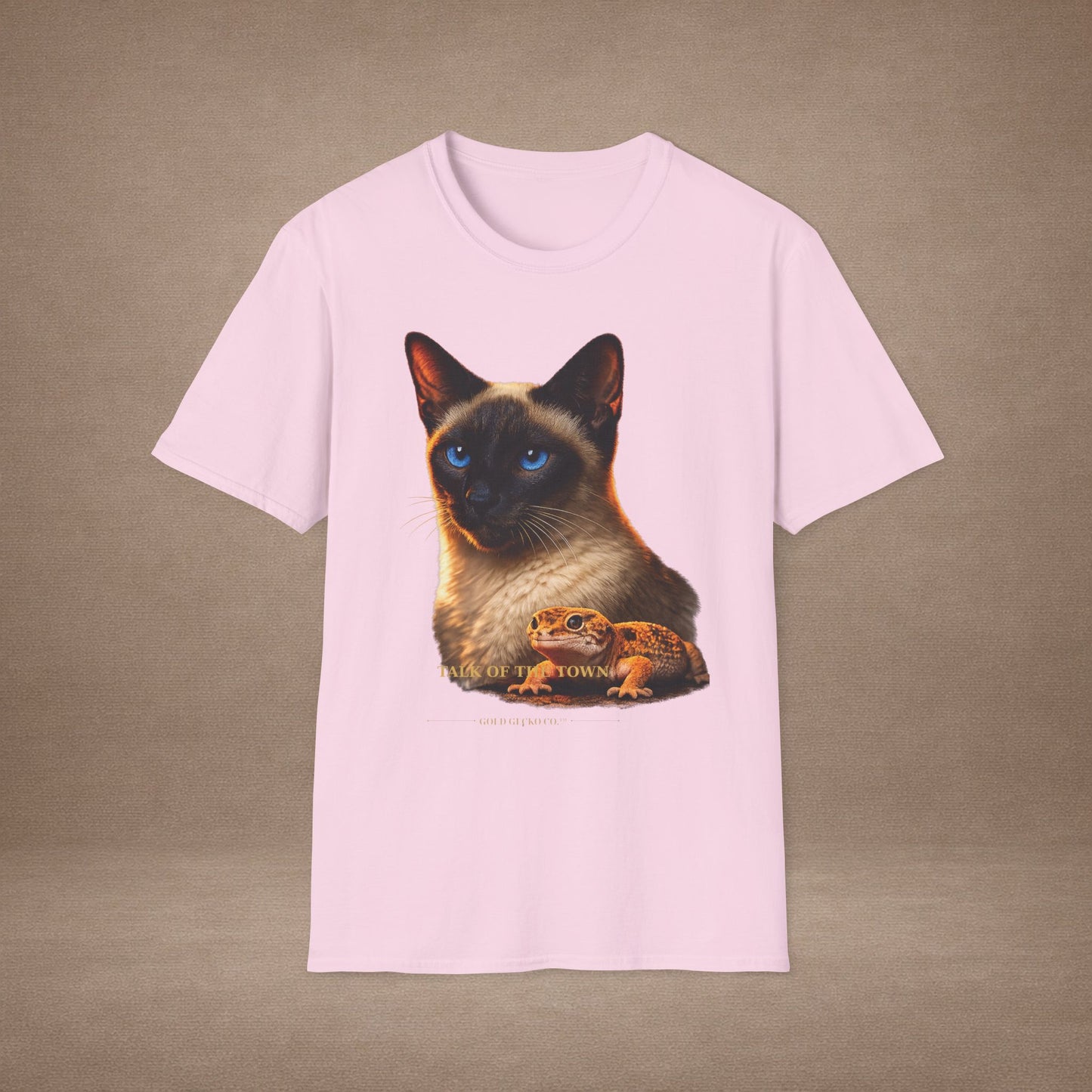 Siamese — Talk Of The Town — photoreal cat breed portraits paired with tiny gecko compani. Gold Gecko Co. Cats & Geckos collection.