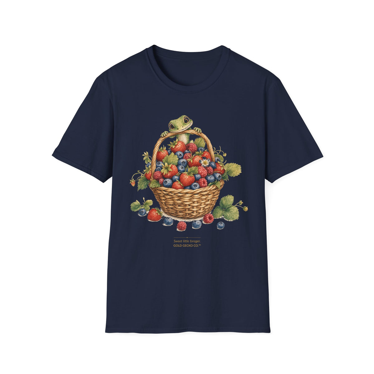 Berry Basket Buddy cottagecore watercolor T-shirt from Gold Gecko Co. — gecko nestled in a woven basket of wild strawberries and blueberries.
