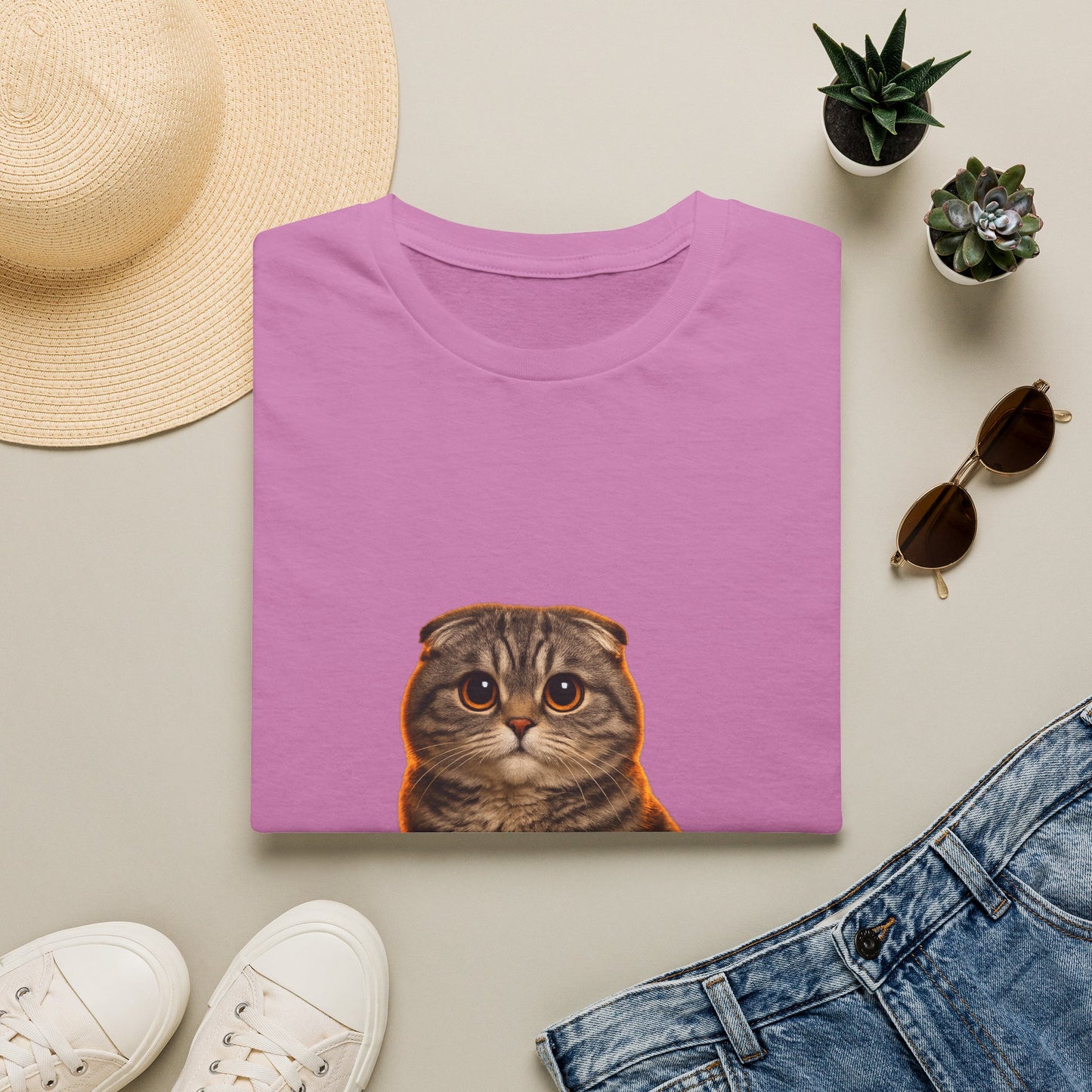 Scottish Fold — Ears For Days — photoreal cat breed portraits paired with tiny gecko compani. Gold Gecko Co. Cats & Geckos collection.